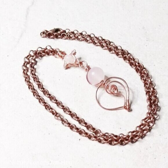 Whimsical Handmade Eclectic Heart Necklace ~ Rose Quartz & Wire Wrapped Copper! - Picture 1 of 16